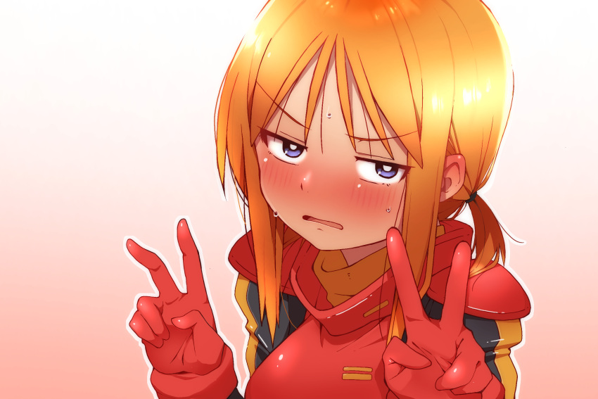 1girl alternate_hairstyle annoyed blue_eyes blush bright_pupils double_v eyebrows_visible_through_hair gloves gundam gundam_zz hair_between_eyes highres low_twintails lppletwo open_mouth orange_hair pilot_suit puru_two shiny shiny_hair short_hair sidelocks simple_background solo sweat sweatdrop twintails upper_body v white_pupils