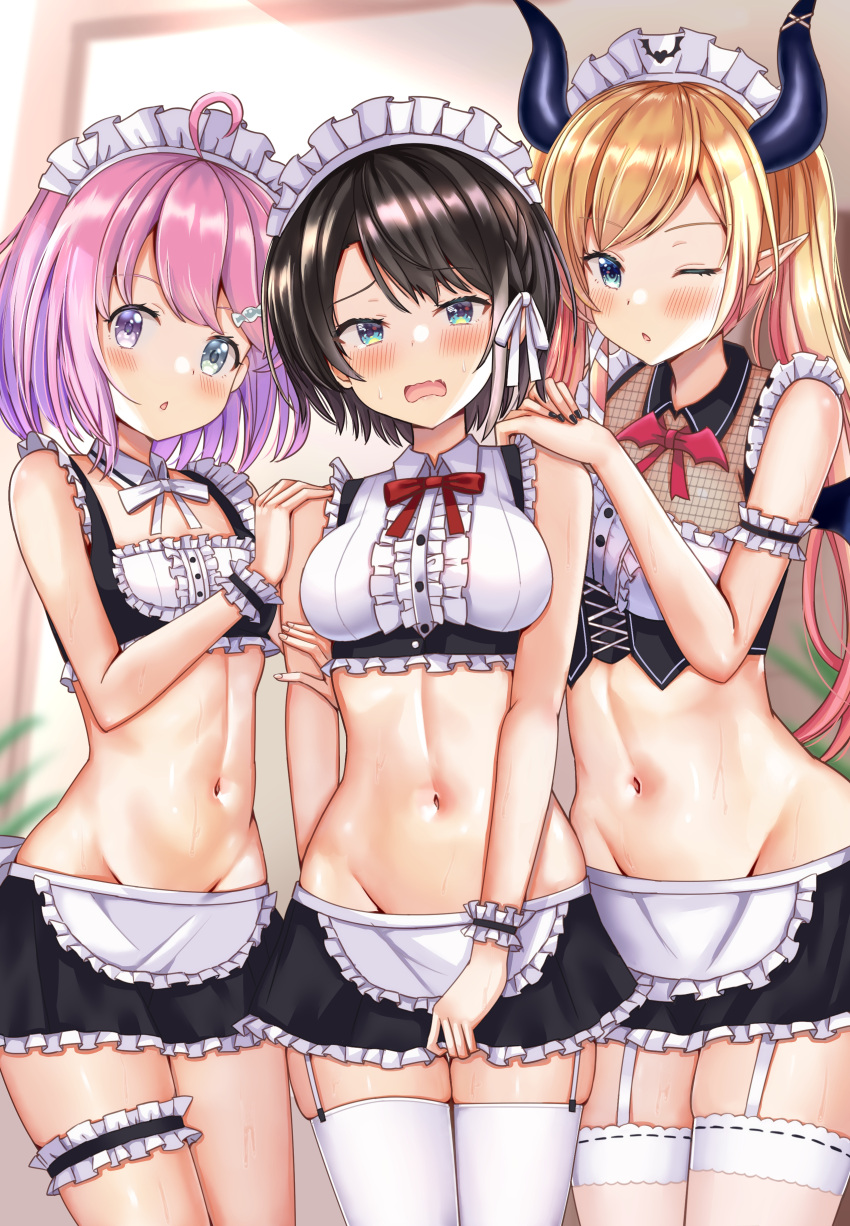 3girls absurdres ahoge alternate_costume apron aqua_eyes arm_garter bangs bare_arms black_nails blonde_hair blue_eyes blush bow bowtie braid breasts brown_hair chestnut_mouth cowboy_shot crop_top demon_girl demon_horns demon_wings detached_collar embarrassed enmaided eyebrows_behind_hair eyebrows_visible_through_hair fingernails french_braid garter_straps garters gradient_hair green_eyes groin hair_ornament hair_ribbon hairclip hands_on_another's_shoulders heterochromia highres himemori_luna hololive horns large_breasts linea_alba long_hair looking_at_viewer lowleg lowleg_skirt maid maid_apron maid_headdress medium_breasts microskirt midriff multicolored_hair multiple_girls nail_polish navel neck_ribbon nootomo one_eye_closed oozora_subaru open_mouth parted_lips pink_hair pointy_ears purple_eyes purple_hair red_neckwear ribbon short_hair skindentation skirt sleeveless small_breasts sweat sweatdrop swept_bangs thighhighs underbust virtual_youtuber waist_apron wavy_hair wavy_mouth white_apron white_bow white_bowtie white_legwear white_ribbon winged_heart wings yuzuki_choco