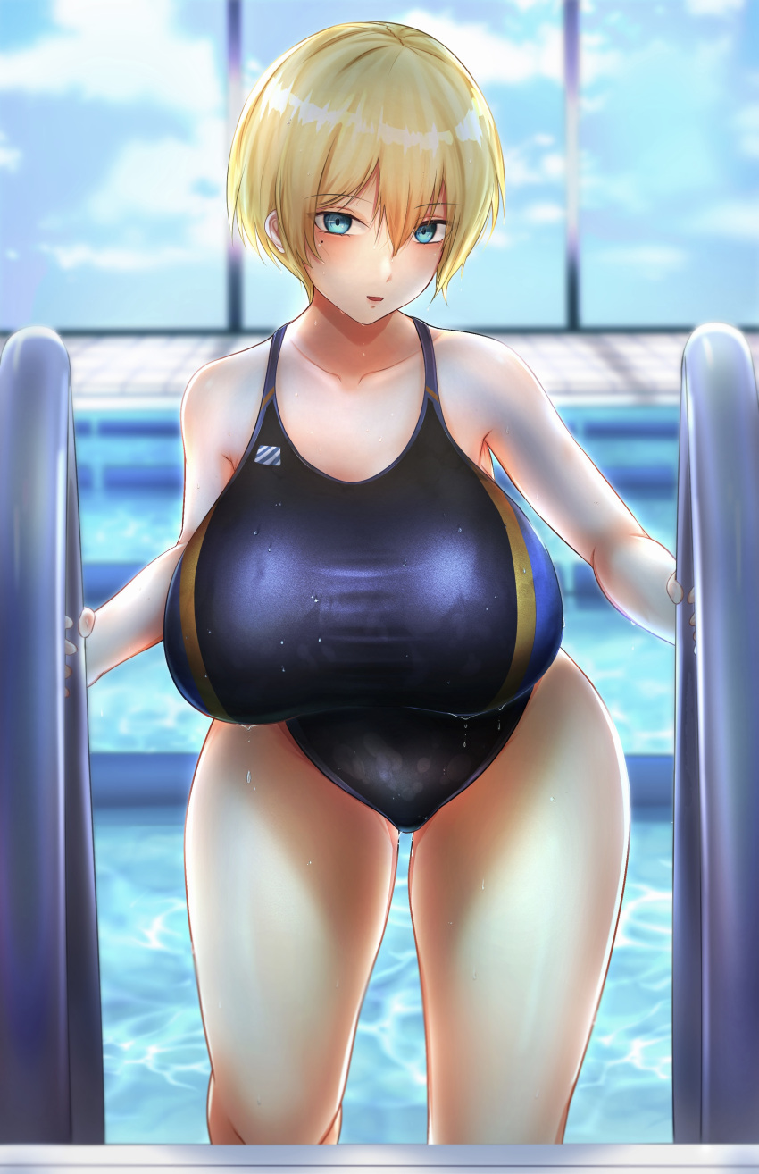 1girl :o absurdres bare_shoulders blonde_hair blue_eyes blue_sky blue_swimsuit blush breasts collarbone competition_swimsuit eyebrows_visible_through_hair girls'_frontline guchagucha highres large_breasts looking_at_viewer mole mole_under_eye one-piece_swimsuit open_mouth pool short_hair sky solo standing swimsuit thighs vsk-94_(girls'_frontline) window
