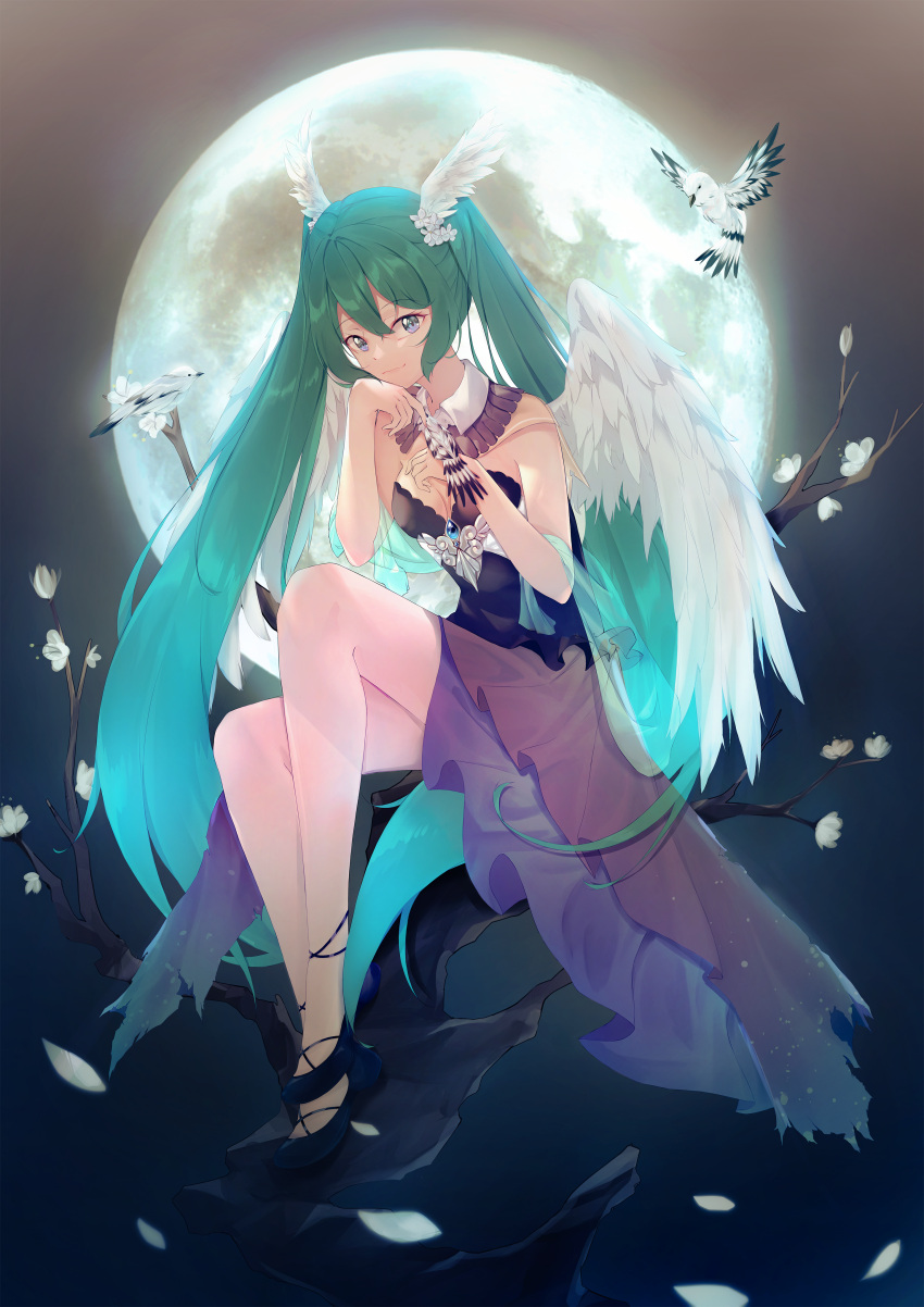 1girl absurdres angel_wings bangs bird black_footwear blue_eyes blue_hair closed_mouth collarbone commentary detached_collar dress eyebrows_visible_through_hair feathered_wings full_body full_moon gradient_hair green_hair hair_between_eyes hatsune_miku highres holding layered_dress long_hair looking_at_viewer moon multicolored_hair petals samuine8 shiny shiny_hair sitting sleeveless sleeveless_dress smile solo strapless strapless_dress twintails very_long_hair vocaloid white_bird white_wings wing_collar wings