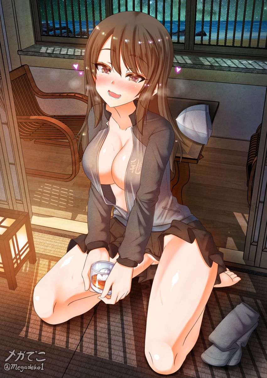 1girl :d alcohol aquaegg ass_visible_through_thighs bare_legs barefoot black_skirt blush breasts brown_eyes brown_hair cleavage collarbone commentary_request cup drink drinking_glass eyebrows_visible_through_hair full_body girls_und_panzer heart highres jacket keizoku_military_uniform large_breasts looking_at_viewer mika_(girls_und_panzer) miniskirt night no_bra no_panties ocean open_mouth pleated_skirt seiza shade shiny shiny_hair short_hair sitting skirt sky smile socks_removed solo star_(sky) starry_sky sweat tatami track_jacket twitter_username uniform whiskey window window_shade