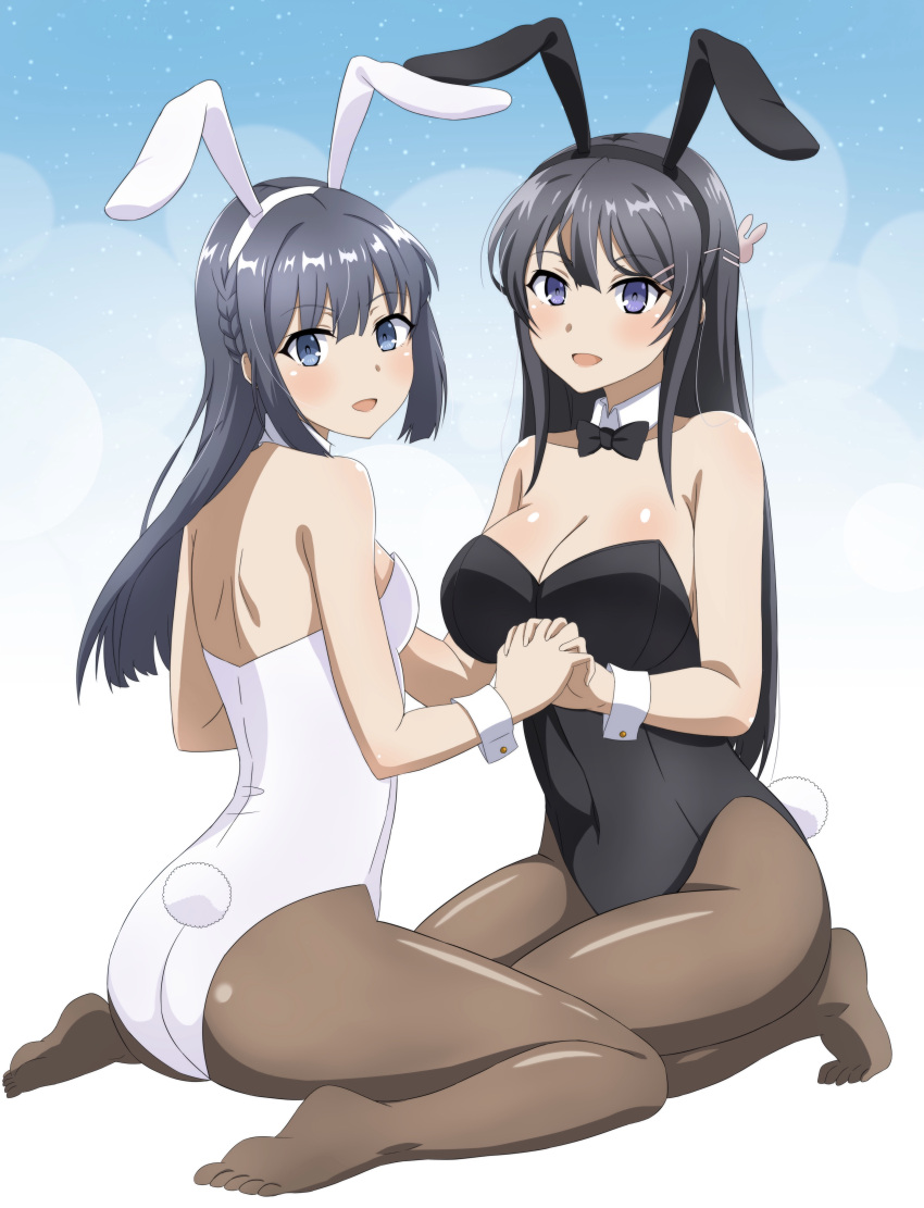 2girls :d absurdres animal_ears bangs black_bow black_bowtie black_hair black_hairband black_leotard blue_background blue_eyes blush bow bowtie breasts brown_legwear cleavage daichi777zz detached_collar eyebrows_visible_through_hair fake_animal_ears fake_tail gradient gradient_background grey_hair hair_between_eyes hairband highres holding_hands interlocked_fingers kneeling large_breasts leotard long_hair looking_at_viewer looking_back makinohara_shouko medium_breasts multiple_girls open_mouth pantyhose playboy_bunny rabbit_ears rabbit_tail sakurajima_mai seishun_buta_yarou shiny shiny_clothes shiny_hair shiny_legwear shoulder_blades sitting smile straight_hair strapless strapless_leotard tail very_long_hair wariza white_background white_hairband white_leotard wing_collar wrist_cuffs