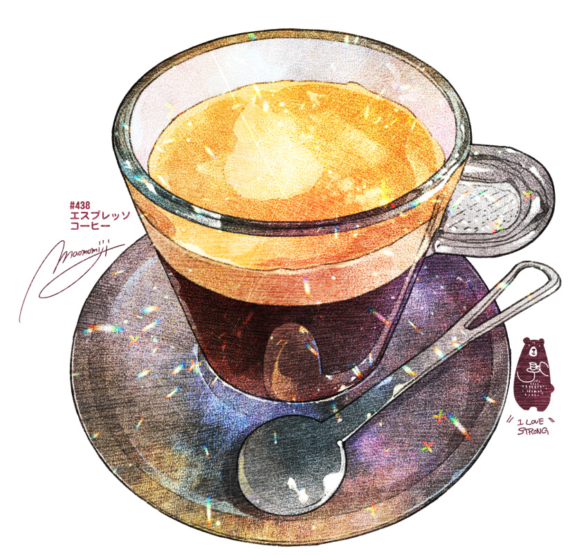 coaster coffee coffee_cup commentary_request cup disposable_cup drink english_text food_focus highres momiji_mao no_humans original signature simple_background spoon translated white_background