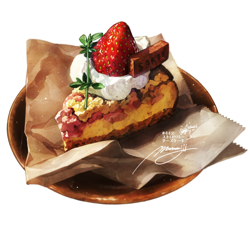 cake cake_slice commentary_request cream food food_focus fruit highres light_particles momiji_mao no_humans original plate signature simple_background sparkle strawberry translation_request white_background