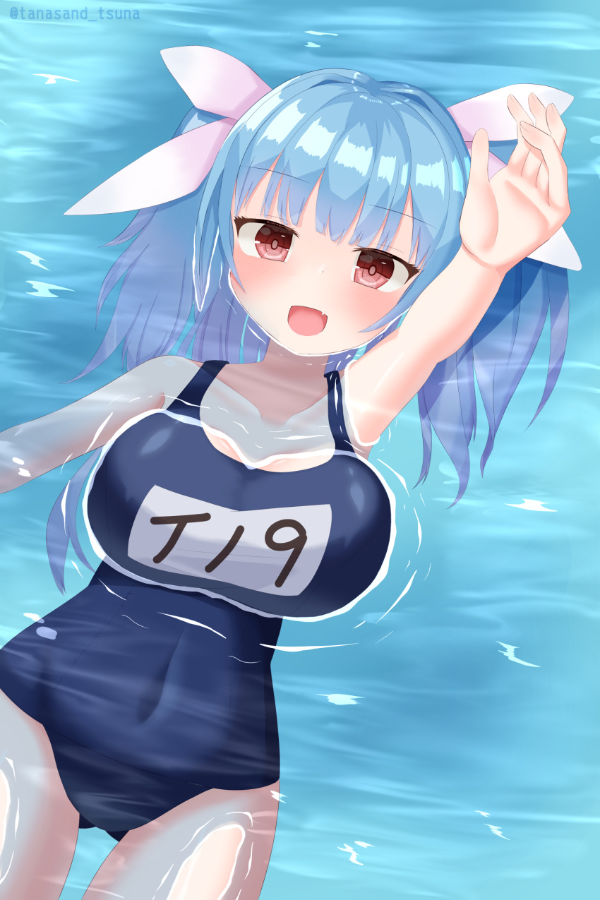 1girl afloat ass_visible_through_thighs bangs blue_hair blue_swimsuit breasts collarbone covered_navel day eyebrows_visible_through_hair fang flower-shaped_pupils from_above hair_ribbon highres i-19_(kancolle) kantai_collection large_breasts long_hair looking_at_viewer lying name_tag ocean old_school_swimsuit on_back one-piece_swimsuit outdoors partially_submerged red_eyes ribbon school_swimsuit skin_fang smile solo swimming swimsuit symbol-shaped_pupils thigh_gap tri_tails tuna-nuki_tanasando twitter_username water