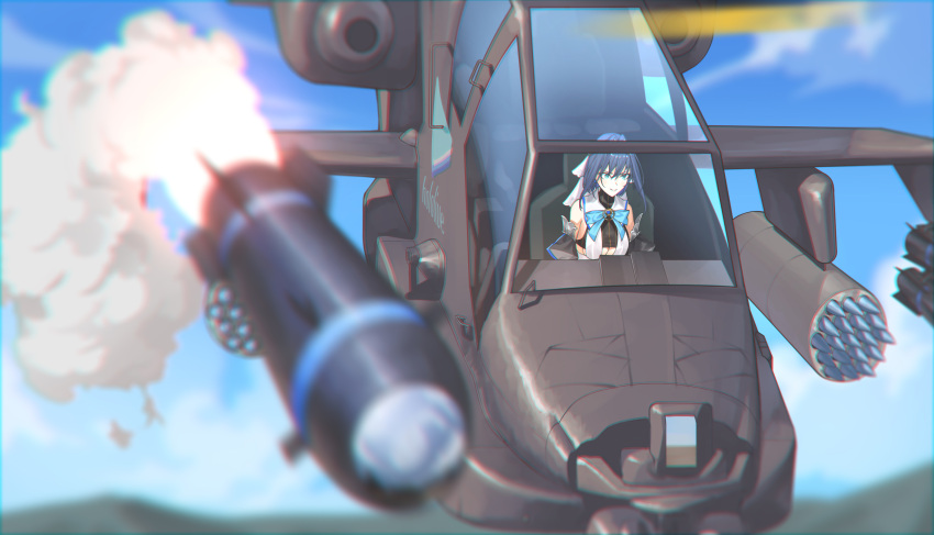 1girl absurdres ah-64_apache aircraft blue_eyes blue_hair breasts chromatic_aberration closed_mouth cloud eyebrows_behind_hair helicopter highres hololive hololive_english incoming_attack large_breasts making-of_available missile mountain mountainous_horizon ouro_kronii skimun sky solo virtual_youtuber weapon