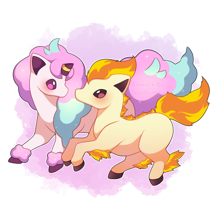 absurdres artist_name brown_eyes commission fiery_tail full_body galarian_ponyta highres looking_at_another no_humans outline pink_background pink_eyes pokemon pokemon_(creature) ponyta sevi_(seviyummy) sparkle tail watermark white_background white_outline