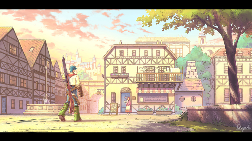 1boy 1girl ashley_winchester bayonet blue_hair braid brown_hair building castle cloud den_dengaku denim door dress gloves gun hair_over_shoulder highres jeans long_hair marina_irington pants rifle scarf sign town tree weapon wild_arms wild_arms_2 window