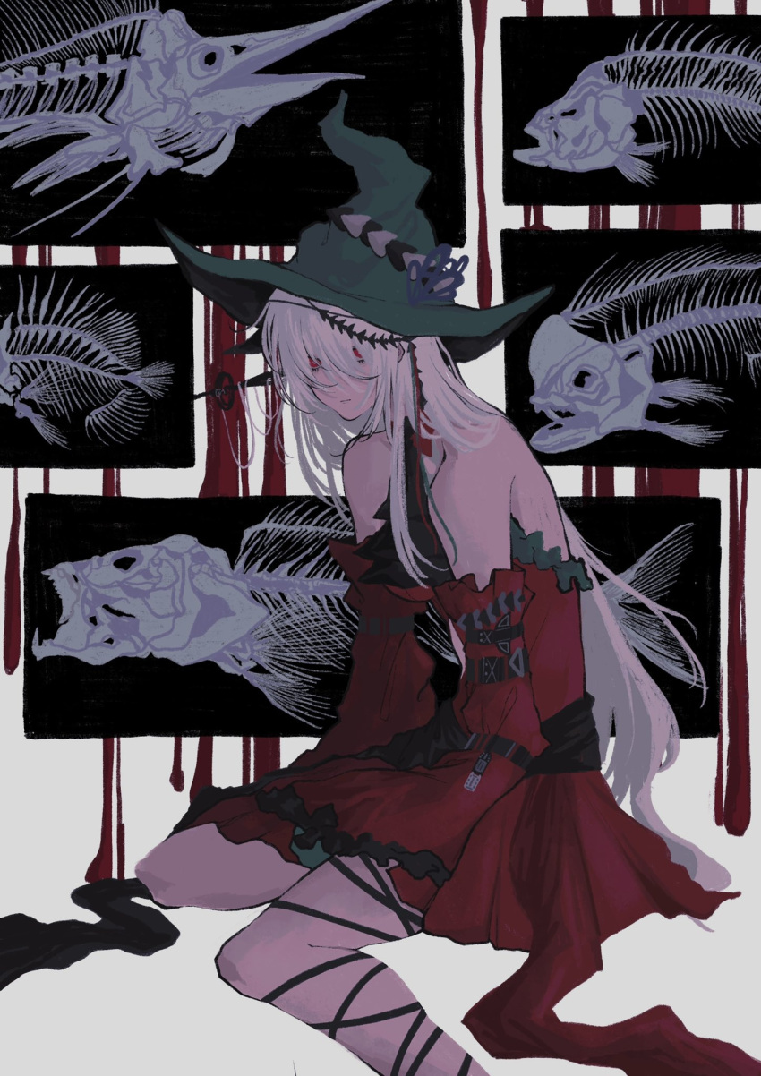 1girl aqua_gloves aqua_headwear arknights ascot bare_shoulders black_ascot blood breasts chinese_commentary closed_mouth commentary detached_sleeves dress feet_out_of_frame fish_bone gloves hair_ornament hat highres long_hair low-tied_long_hair medium_breasts official_alternate_costume pointy_hat red_dress red_eyes silver_hair sitting skadi_(arknights) skadi_the_corrupting_heart_(arknights) solo thigh_strap very_long_hair wariza white_background wide_sleeves witch_hat x-ray_film zero_zhengyi