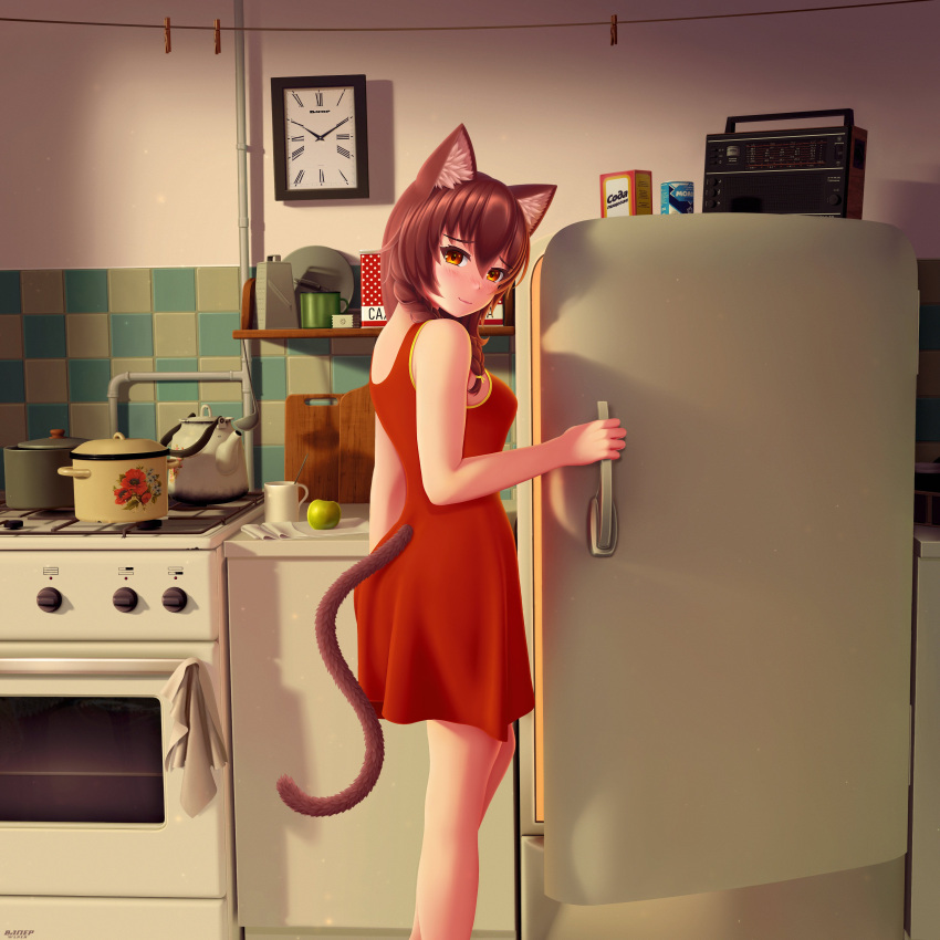 1girl 2ch.ru absurdres animal_ear_fluff animal_ears apple bangs bare_arms bare_shoulders blush braid brown_eyes brown_hair cat_ears cat_girl cat_tail clock clothes_pin commentary cup cutting_board dress english_commentary everlasting_summer food fruit grater hair_between_eyes highres indoors kitchen ladle long_hair mug pot red_dress refrigerator side_braid sleeveless sleeveless_dress smile solo stove tail tail_through_clothes uvao-tan wall_clock wlper