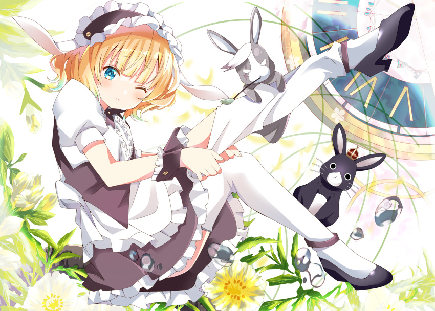 1girl animal_ears anko_(gochiusa) apron back_bow blonde_hair blue_eyes blush bow commentary_request fake_animal_ears fleur_de_lapin_uniform flower frilled_hairband frills from_side gochuumon_wa_usagi_desu_ka? hairband highres kirima_syaro kohakugin leg_up legs looking_at_viewer one_eye_closed puffy_short_sleeves puffy_sleeves putting_on_legwear rabbit rabbit_ears shirt short_hair short_sleeves thighhighs waist_apron white_shirt white_thighhighs wild_geese wrist_cuffs