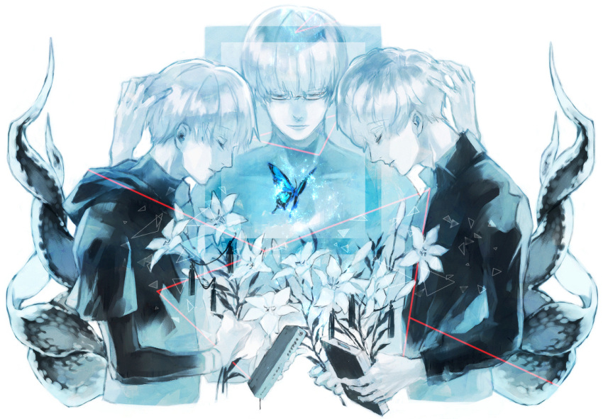 3boys arima_kishou bangs black_jacket blue_butterfly bug butterfly closed_eyes closed_mouth commentary cropped_torso dual_persona eyebrows_visible_through_hair flower from_side glasses grey_hair holding hood hood_down jacket kagune_(tokyo_ghoul) kaneki_ken koujima_shikasa long_sleeves male_focus multiple_boys shiny shiny_hair short_hair short_sleeves symbol-only_commentary tokyo_ghoul tokyo_ghoul:re transparent white_background white_flower