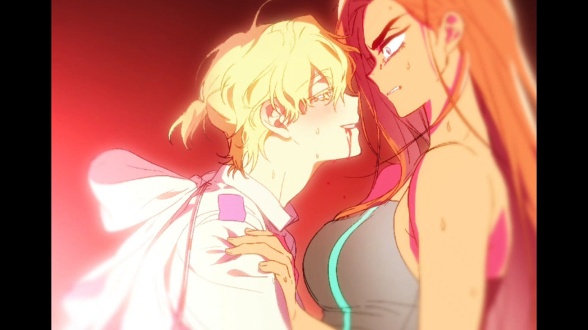 1boy 1girl alien_stage back_bow black_tank_top blonde_hair blood blood_from_mouth bow brown_hair colored_eyelashes hand_on_another's_shoulder highres hyuna_(alien_stage) long_hair lubya luka_(alien_stage) pillarboxed shirt short_hair smile sweat tank_top white_bow white_shirt