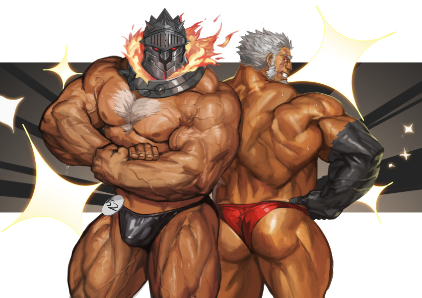 2boys absurdres amatsumara_(housamo) ass back-to-back bara biceps black_male_underwear bodybuilder breke_(housamo) briefs bulge chest_hair dark-skinned_male dark_skin embers feet_out_of_frame fire flexing glowing glowing_eyes helmet highres large_pectorals looking_at_viewer male_focus male_underwear mature_male multiple_boys muscular muscular_male nipples old old_man pectorals pose red_male_underwear scar scar_on_face short_hair surtr_(housamo) thick_thighs thighs tokyo_afterschool_summoners topless_male traver009 underwear underwear_only veins wrestling_outfit