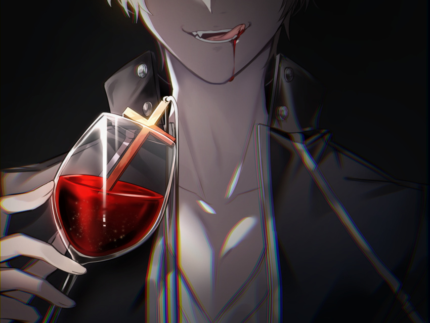 1boy alcohol bangs black_jacket blonde_hair close-up collarbone commentary_request cross cup dress_shirt drinking_glass fang fate/stay_night fate_(series) gilgamesh_(fate) holding holding_cup jacket jewelry licking_lips male_focus open_mouth rijjin shirt short_hair tongue tongue_out wine wine_glass