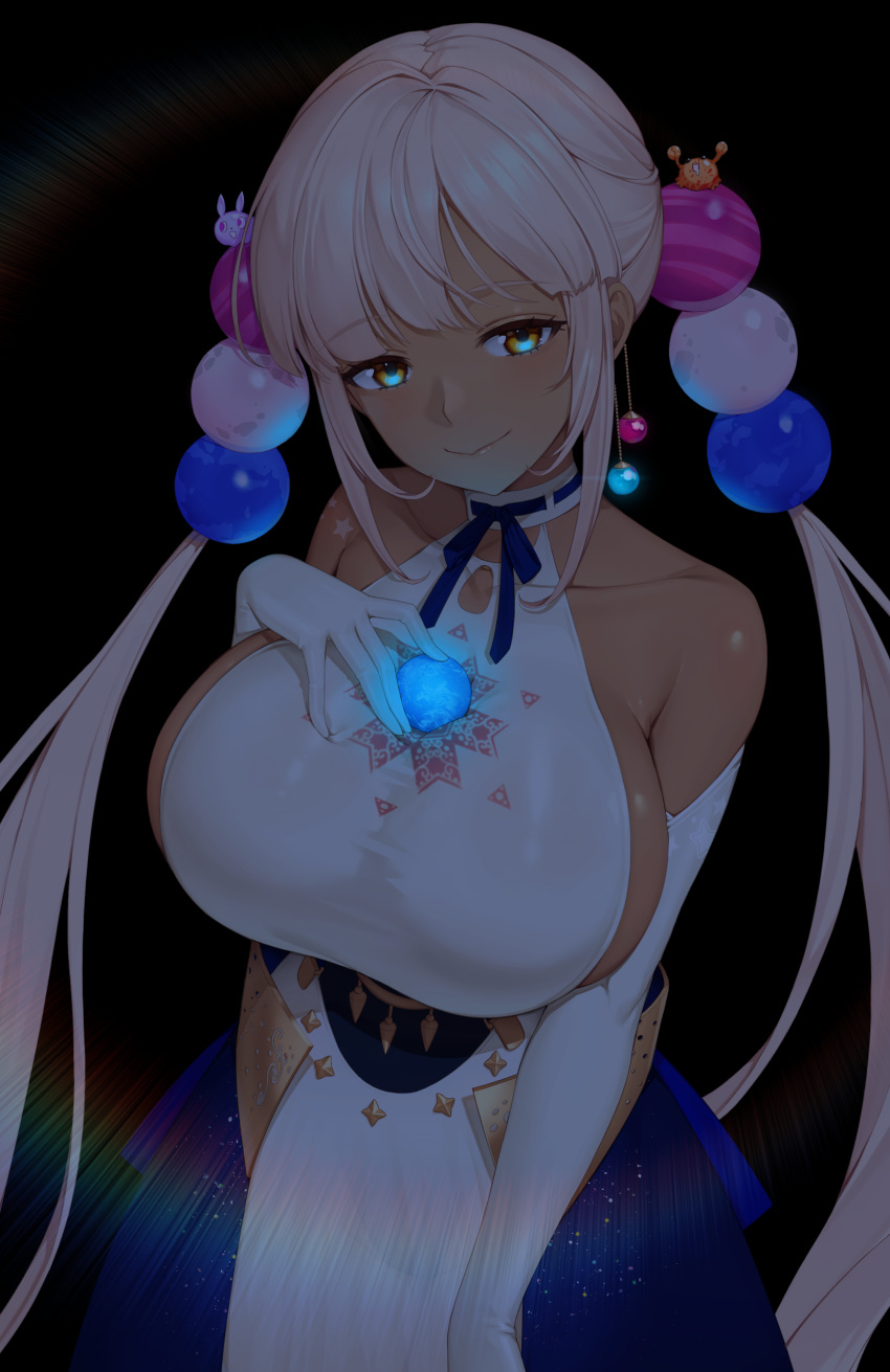 1girl absurdres bare_shoulders between_breasts blue_bow blue_skirt bow bow_skirt breasts closed_mouth dark-skinned_female dark_skin elbow_gloves giant giantess gloves glowing grey_hair hair_bobbles hair_ornament halter_top halterneck hand_on_own_chest highres hololive hololive_english huge_breasts light_in_heart long_hair looking_at_viewer miniskirt no_headgear overskirt planet_hair_ornament shiny shiny_hair sidelocks silver_hair skin_tight skirt smile solo sseli starry_sky_print tsukumo_sana twintails underbust very_long_hair virtual_youtuber white_gloves white_skirt yellow_eyes