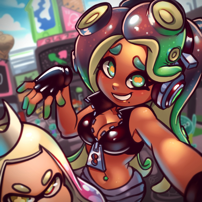 2girls absurdres black_gloves black_hair blush breasts crop_top dark-skinned_female dark_skin fingerless_gloves gloves gradient_hair green_eyes green_hair grin highres large_breasts lips long_hair looking_at_viewer marina_(splatoon) mole mole_under_mouth multicolored_hair multiple_girls navel_piercing parted_lips pearl_(splatoon) piercing pink_hair ravenousruss short_hair smile splatoon_(series) splatoon_2 tentacle_hair white_hair zipper zipper_pull_tab