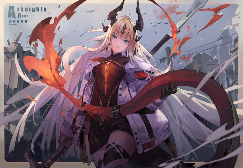 1girl arknights artist_name black_gloves black_shirt black_shorts blonde_hair blue_eyes building character_name chinese_commentary commentary_request copyright_name cotton cowboy_shot dragon_girl dragon_horns dragon_tail ear_piercing fire gloves hair_ornament holding_tail horns infection_monitor_(arknights) jacket light_in_heart long_hair long_tail looking_at_viewer open_clothes open_jacket piercing power_lines reed_(arknights) ruins shirt shorts sky solo tail tail-tip_fire tail_strap utility_pole very_long_hair weapon weapon_on_back white_jacket