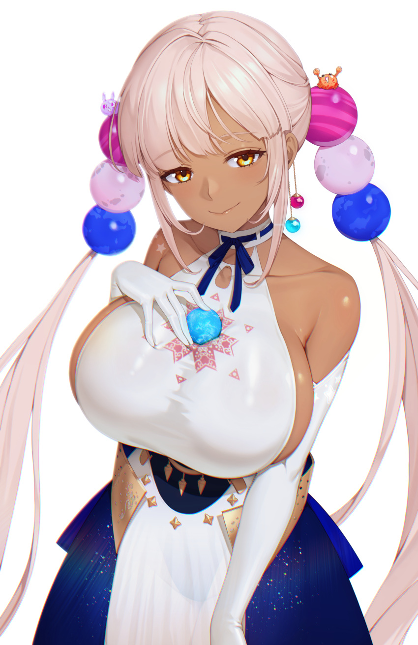 1girl absurdres bare_shoulders between_breasts blue_bow blue_skirt bow bow_skirt breasts closed_mouth dark-skinned_female dark_skin earth_(planet) elbow_gloves giant giantess gloves grey_hair hair_bobbles hair_ornament halter_top halterneck hand_on_own_chest highres hololive hololive_english huge_breasts long_hair looking_at_viewer miniskirt no_headgear overskirt planet planet_hair_ornament shiny shiny_hair sidelocks silver_hair simple_background skin_tight skirt smile solo sseli starry_sky_print tsukumo_sana twintails underbust very_long_hair virtual_youtuber white_background white_gloves white_skirt yellow_eyes