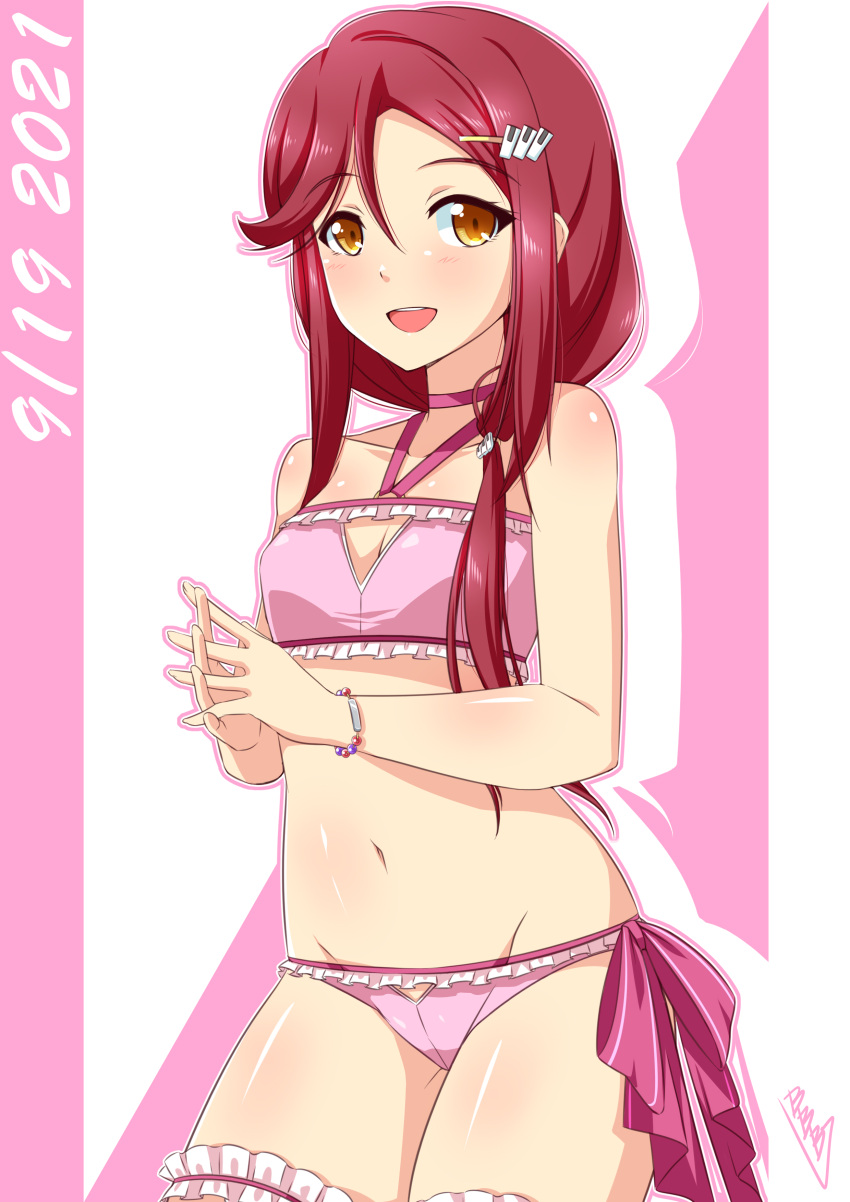 1girl absurdres bangs bikini birthday bracelet breasts bunji cleavage collarbone commentary dated eyebrows_visible_through_hair hair_ornament highres jewelry looking_at_viewer love_live! love_live!_sunshine!! low_ponytail red_hair sakurauchi_riko shiny shiny_hair shiny_skin sidelocks signature small_breasts solo swimsuit yellow_eyes