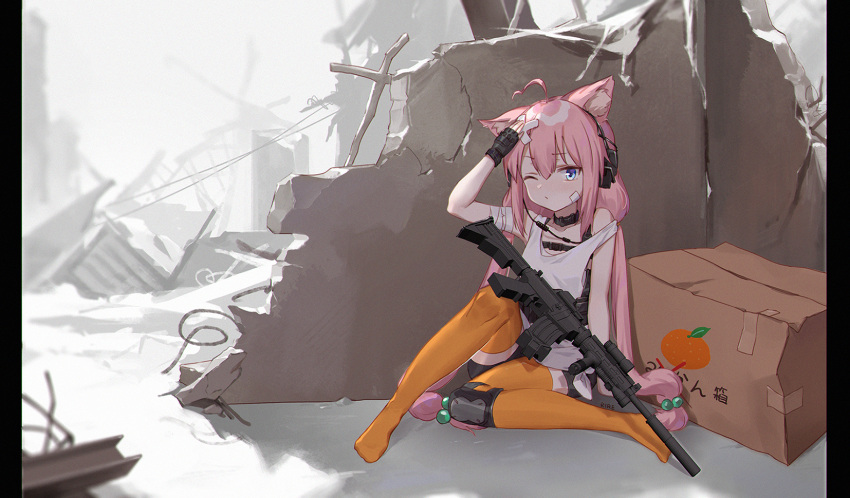 1girl ahoge animal_ear_fluff animal_ears assault_rifle bandaged_arm bandages bandaid bandaid_on_face bandaid_on_head bike_shorts black_shorts box cat_ears commentary green_eyes gun hair_bobbles hair_ornament headphones highres hinata_channel knee_guards letterboxed long_hair loose_clothes low_twintails m4_carbine mikan_box nekomiya_hinata on_ground orange_legwear pink_hair rifle ruins shorts sitting smile_(mm-l) solo tank_top tape twintails very_long_hair virtual_youtuber weapon white_tank_top