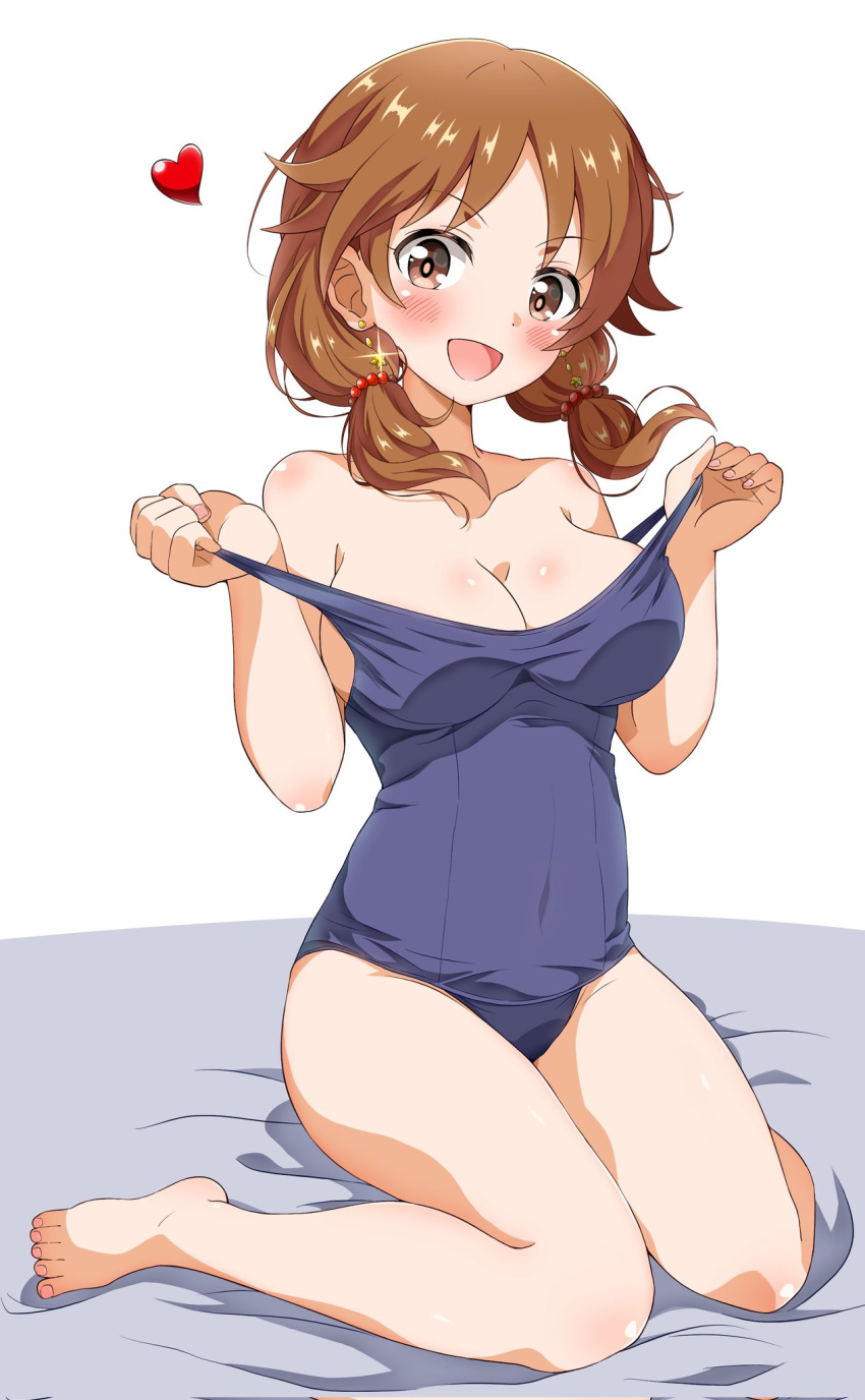 1girl bangs bare_legs bare_shoulders barefoot blue_swimsuit blush breasts brown_eyes brown_hair cleavage collarbone dot_nose earrings eggman_(pixiv28975023) eyebrows_visible_through_hair floating_hair foreshortening glint hands_up heart highres idolmaster idolmaster_cinderella_girls jewelry katagiri_sanae looking_at_viewer low_twintails medium_hair one-piece_swimsuit open_mouth parted_bangs pulled_by_self school_swimsuit shiny shiny_hair shiny_skin simple_background sitting smile star_(symbol) star_earrings strap_pull swimsuit thighs twintails wariza white_background
