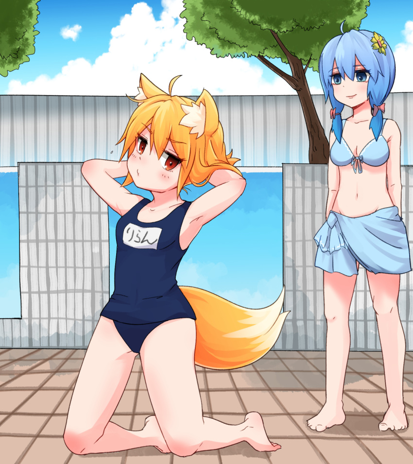 2girls ahoge alternate_costume animal_ear_fluff animal_ears armpits arms_up asymmetrical_hair bangs barefoot bikini blonde_hair blue_bikini blue_eyes blue_hair blue_sky blue_swimsuit blush bow breasts closed_mouth cloud cookie_(touhou) day eyebrows_visible_through_hair flower fox_ears fox_girl fox_tail full_body hair_between_eyes hair_bow hair_flower hair_ornament hands_in_hair highres kneeling looking_at_another medium_breasts medium_hair miramikaru_miran miramikaru_riran multiple_girls name_tag navel one-piece_swimsuit outdoors red_bow red_eyes sarong school_swimsuit sidelocks sky small_breasts smile standing swimsuit tail translated tree yan_pai yellow_flower