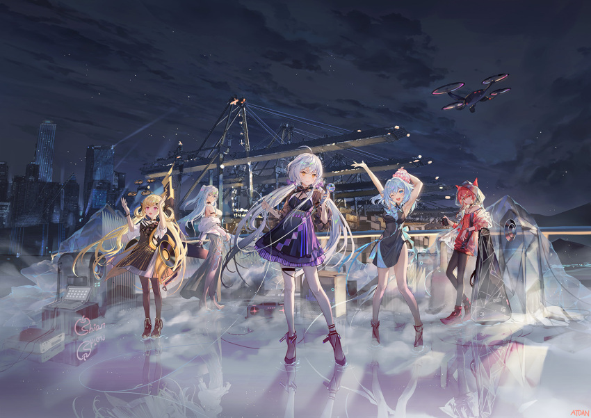 5girls ;d ahoge atdan black_dress black_footwear black_legwear blonde_hair blue_eyes blue_hair bow breasts cangqiong chiyu_(synthesizer_v) cityscape cloud commentary dress drone floating_hair full_body fur-trimmed_jacket fur_trim hair_bow haiyi hand_up hands_up high_heels highres holding holding_microphone hood hood_up hooded_jacket jacket long_hair long_sleeves looking_at_viewer looking_away medium_breasts medium_hair microphone multiple_girls night night_sky off_shoulder one_eye_closed one_side_up open_mouth outdoors pantyhose purple_bow purple_eyes red_eyes red_footwear red_hair see-through see-through_jacket shian_(synthesizer_v) shoes short_sleeves silver_hair sky sleeveless sleeveless_dress smile standing synthesizer_v twintails very_long_hair vocaloid white_jacket xingchen yellow_eyes