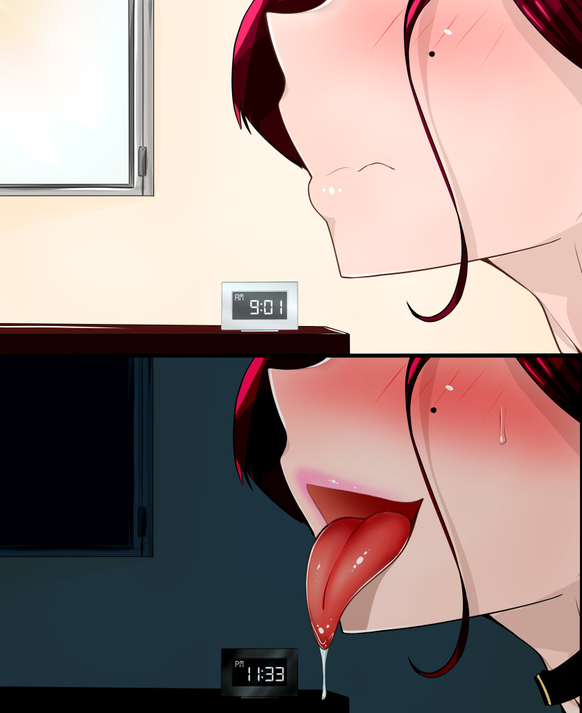 1girl absurdres azienda blush clock closed_mouth collar commentary_request digital_clock drooling english_commentary from_side head_out_of_frame highres indoors lipstick makeup mixed-language_commentary mole mole_under_eye original pink_lips red_hair saliva solo sweat tongue tongue_out window