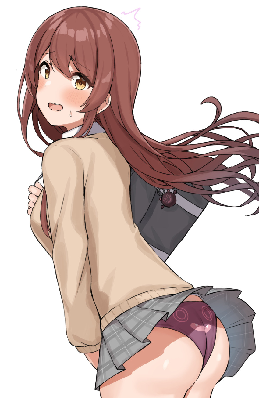1girl absurdres ass bag_charm blush breasts brown_hair charm_(object) clothes_lift commentary cowboy_shot debi_tarou dot_nose embarrassed eyebrows_visible_through_hair floating_hair from_side grey_skirt hand_up highres idolmaster idolmaster_shiny_colors long_sleeves looking_at_viewer miniskirt oosaki_tenka open_mouth panties plaid plaid_skirt pleated_skirt raised_eyebrows shiny shiny_hair shiny_skin simple_background skirt skirt_lift solo surprised sweatdrop teeth underwear upper_teeth wanimaru wavy_mouth white_background wind wind_lift