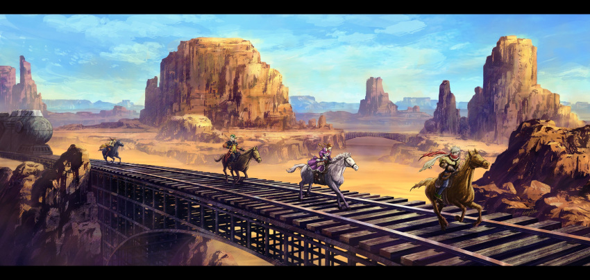 1girl 3boys blue_sky brown_hair clive_winslett cloud coat cowboy_western den_dengaku desert dress gallows_carradine gloves ground_vehicle hairband highres horse jet_enduro long_hair multiple_boys purple_dress railroad_tracks scarf sky train virginia_maxwell wild_arms wild_arms_3