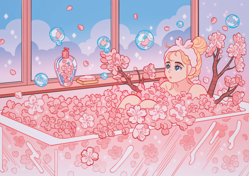 1girl bathtub blonde_hair branch bubble cloud crescent flower hair_bun highres knees_up meyoco open_mouth original petals pink_flower pink_theme plant solo sparkle window