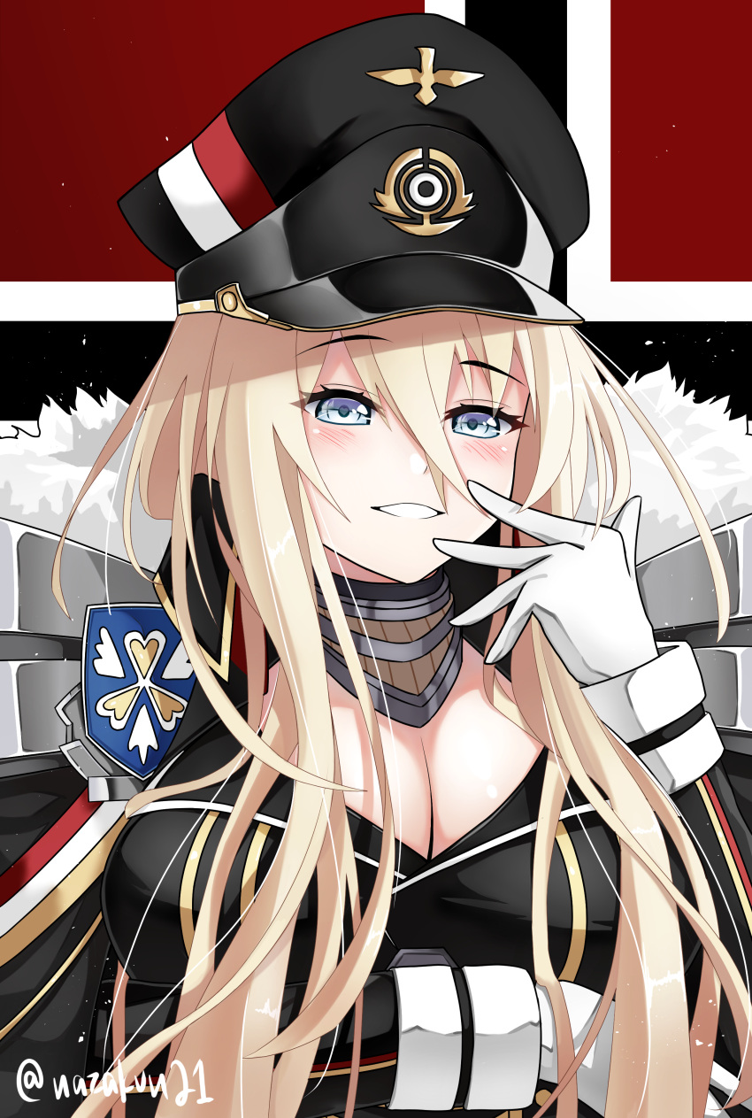 1girl absurdres artist_name azur_lane bismarck_(azur_lane) bismarck_(coat_of_arms) black_headwear black_jacket blonde_hair blue_eyes breasts cape cleavage eyebrows_visible_through_hair flag_background fur-trimmed_cape fur_trim gloves hat highres jacket large_breasts long_hair looking_at_viewer military military_uniform naza-kun peaked_cap smile solo uniform upper_body white_gloves