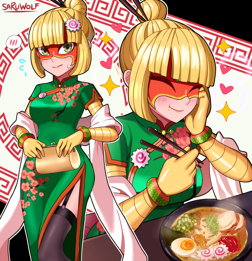 1girl absurdres arms_(game) bangs black_legwear blonde_hair blush breasts china_dress chinese_clothes domino_mask dress facepaint food garter_straps green_eyes hair_bun highres large_breasts long_hair looking_at_viewer mask min_min_(arms) noodles sarukaiwolf short_hair smile solo thighhighs