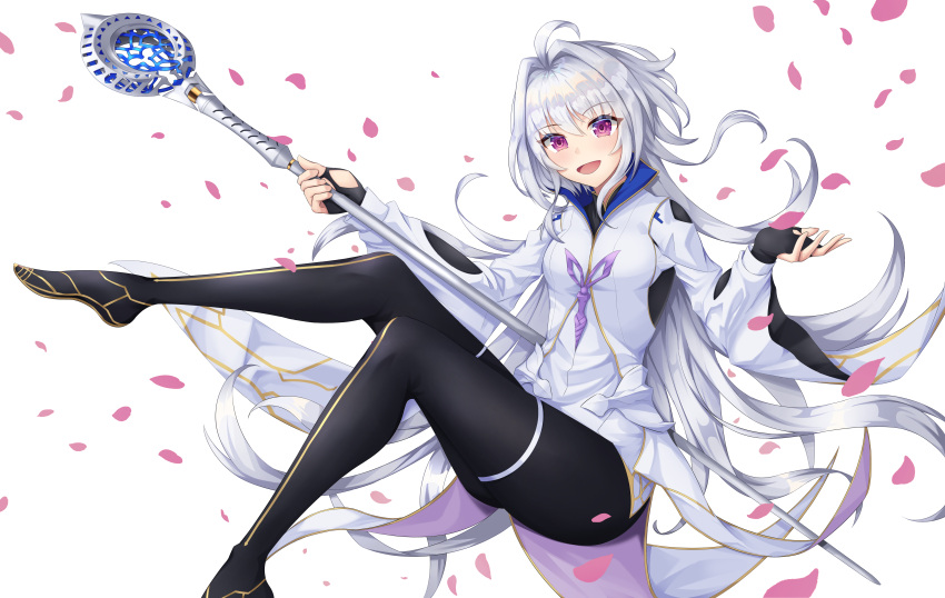 1girl :d absurdres ahoge black_legwear breasts coat collared_jacket eyebrows_visible_through_hair fate/grand_order fate_(series) fingerless_gloves full_body gloves gold_trim hair_between_eyes highres holding holding_staff knees_together_feet_apart legs long_hair medium_breasts merlin_(fate/prototype) open_mouth petals pink_eyes shiny shiny_hair shuvi_(shuvi1125) sidelocks silver_hair simple_background smile solo staff thigh_strap thighs very_long_hair white_background white_coat