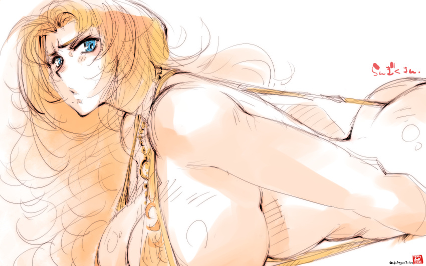 1girl ass bleach blonde_hair blue_eyes breasts jewelry large_breasts matsumoto_rangiku messy_hair mike156 necklace sketch slingshot_swimsuit solo swimsuit thong