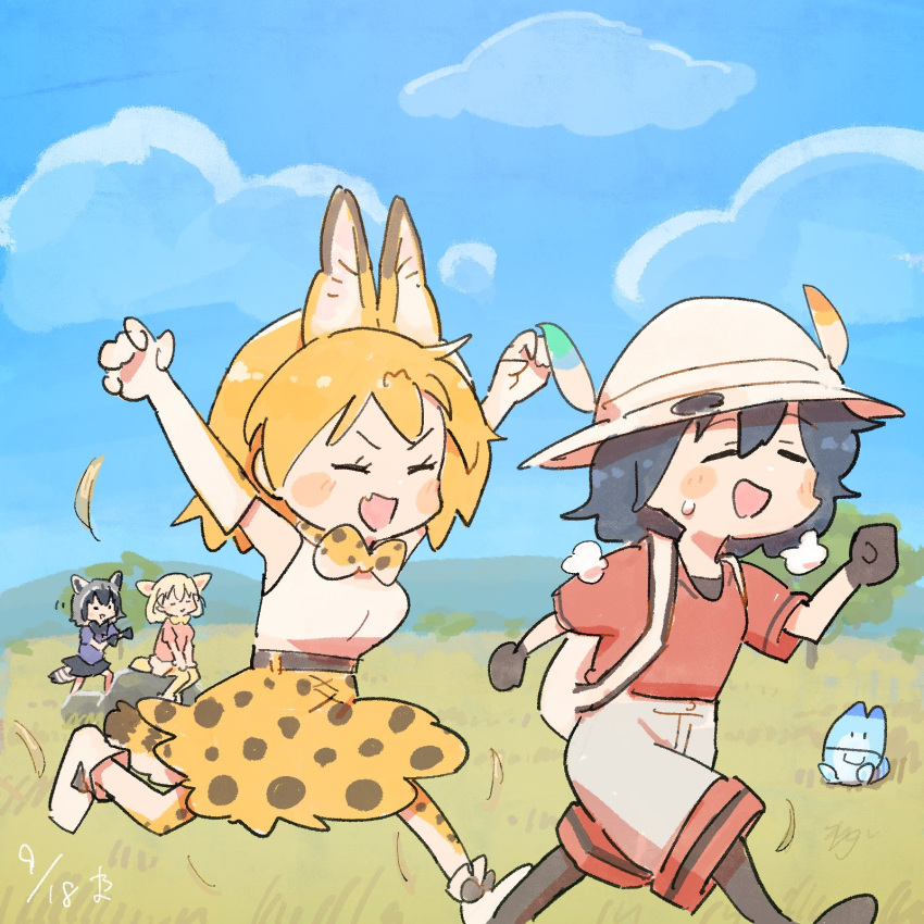 4girls animal_ears backpack bag bare_shoulders black_gloves black_hair black_legwear blonde_hair blue_sky blue_sweater blush bow bowtie cat_ears cat_girl cat_tail commentary_request common_raccoon_(kemono_friends) elbow_gloves eyebrows_visible_through_hair fang fennec_(kemono_friends) fox_ears fox_girl fox_tail gloves grey_shorts hat_feather helmet high-waist_skirt highres kaban_(kemono_friends) kemono_friends lucky_beast_(kemono_friends) multiple_girls open_mouth orange_bow orange_bowtie pantyhose pink_sweater pith_helmet print_bow print_bowtie print_legwear print_skirt raccoon_ears raccoon_girl raccoon_tail running savannah serval_(kemono_friends) serval_print shirt short_hair shorts sitting skirt sky sleeveless sweater tail thighhighs tree two-tone_bowtie wamawmwm white_bow white_bowtie white_shirt yellow_bow yellow_bowtie