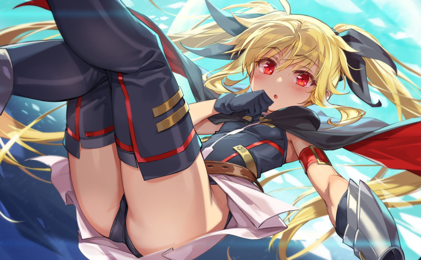 1girl armpits ass bangs belt black_gloves black_legwear black_leotard black_ribbon blonde_hair blush bodysuit breasts cape commentary_request eyebrows_visible_through_hair fate_testarossa gloves hair_between_eyes hair_ribbon highleg highleg_leotard highres leotard long_hair looking_at_viewer lyrical_nanoha mahou_shoujo_lyrical_nanoha mahou_shoujo_lyrical_nanoha_a's mahou_shoujo_lyrical_nanoha_the_movie_2nd_a's michairu open_mouth red_eyes ribbon skirt sleeveless small_breasts solo thighhighs twintails vambraces very_long_hair white_skirt