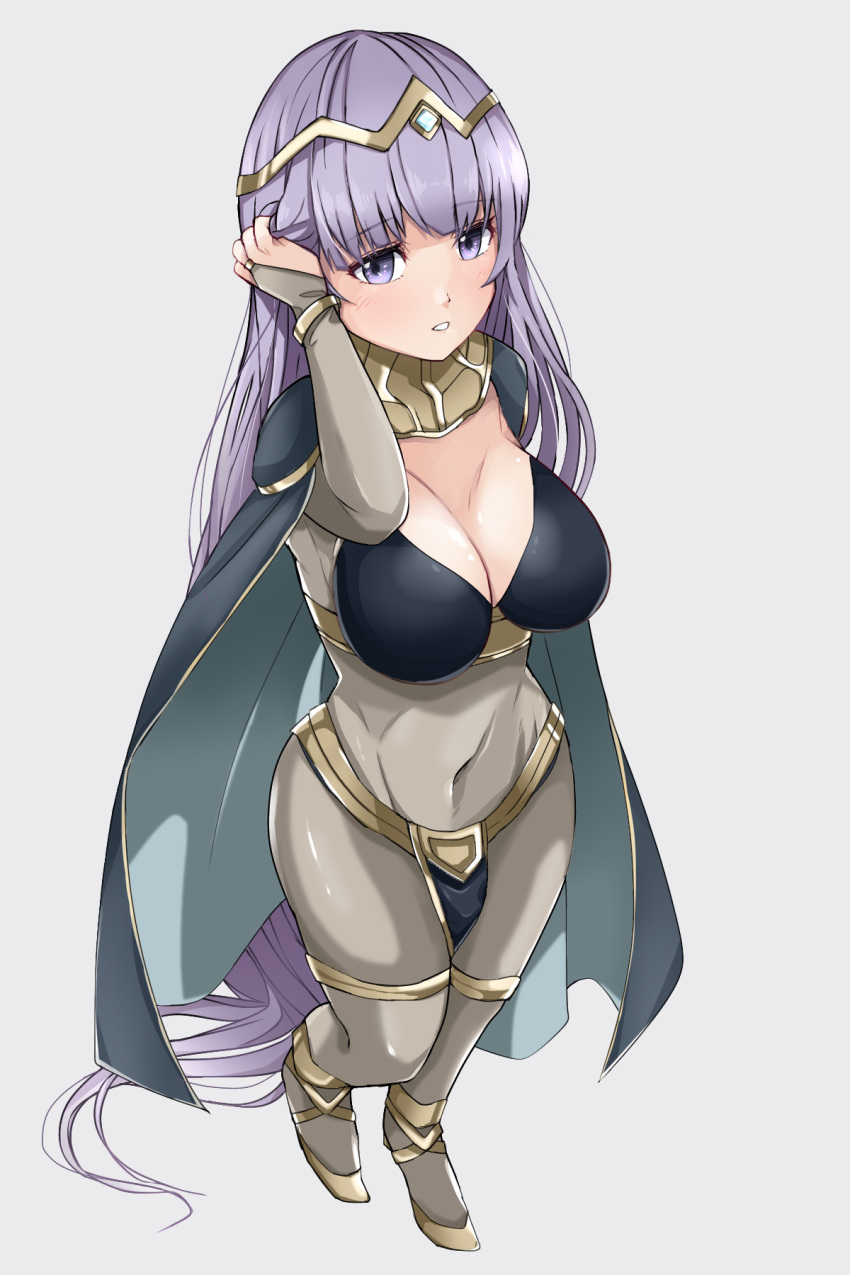 1girl absurdly_long_hair blush breasts bridal_gauntlets cape cleavage cosplay covered_navel fire_emblem fire_emblem:_the_binding_blade fire_emblem_awakening fire_emblem_heroes foreshortening full_body hand_in_hair highres large_breasts long_hair looking_at_viewer pantyhose purple_eyes purple_hair silver_background simple_background skindentation solo sophia_(fire_emblem) teeth tharja_(fire_emblem) tharja_(fire_emblem)_(cosplay) tiara tight toshimasa_(ztvy3575) very_long_hair