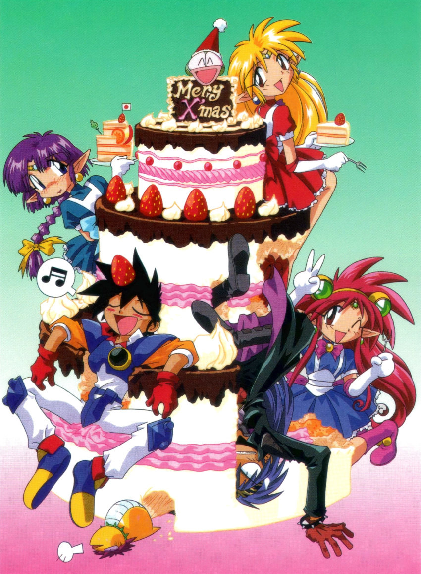 1990s_(style) 2boys 3girls arara_cocoa arara_milk armor baba_lamune bangs blonde_hair blue_dress blush boots braid brown_gloves cake closed_eyes coat constricted_pupils da_cider dress earrings elbow_gloves eyebrows_visible_through_hair food fork gloves gradient gradient_background green_background grin hat heavy_meta-ko highres holding holding_fork holding_plate jewelry knee_pads leska_(arara_cafe_au_lait) long_hair looking_at_viewer low-tied_long_hair magical_girl multiple_boys multiple_girls musical_note ng_knight_lamune_&amp;_40 nose_blush official_art one_eye_closed open_mouth pink_hair plate pointy_ears purple_hair red_dress red_gloves retro_artstyle santa_hat scan short_dress single_braid smile snake spoken_musical_note tama-q tiara upside-down v