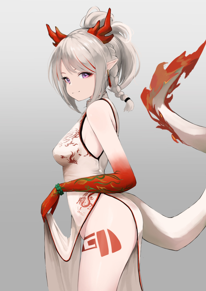 1girl absurdres arknights arm_tattoo bead_bracelet beads bracelet braid china_dress chinese_clothes colored_skin dragon_girl dragon_horns dragon_tail dress earrings folding_fan gradient_skin hand_fan highres horns jewelry leg_tattoo multicolored_hair nian_(arknights) nian_(unfettered_freedom)_(arknights) official_alternate_costume pointy_ears red_skin sleeveless sleeveless_dress streaked_hair tail tail-tip_fire tattoo white_dress y[a]ho