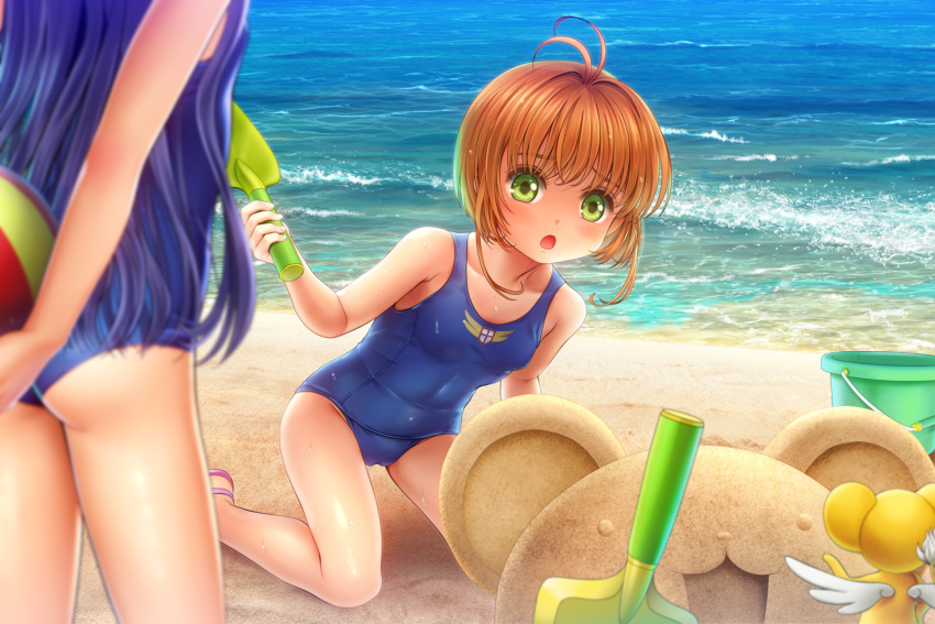 2girls antenna_hair ass beach blue_hair blue_swimsuit blush brown_hair bucket cameltoe cardcaptor_sakura covered_navel daidouji_tomoyo day flat_chest green_eyes highres kero kinomoto_sakura long_hair multiple_girls mutsuki_(moonknives) ocean one-piece_swimsuit open_mouth outdoors sand sand_sculpture school_swimsuit short_hair shovel sweat swimsuit