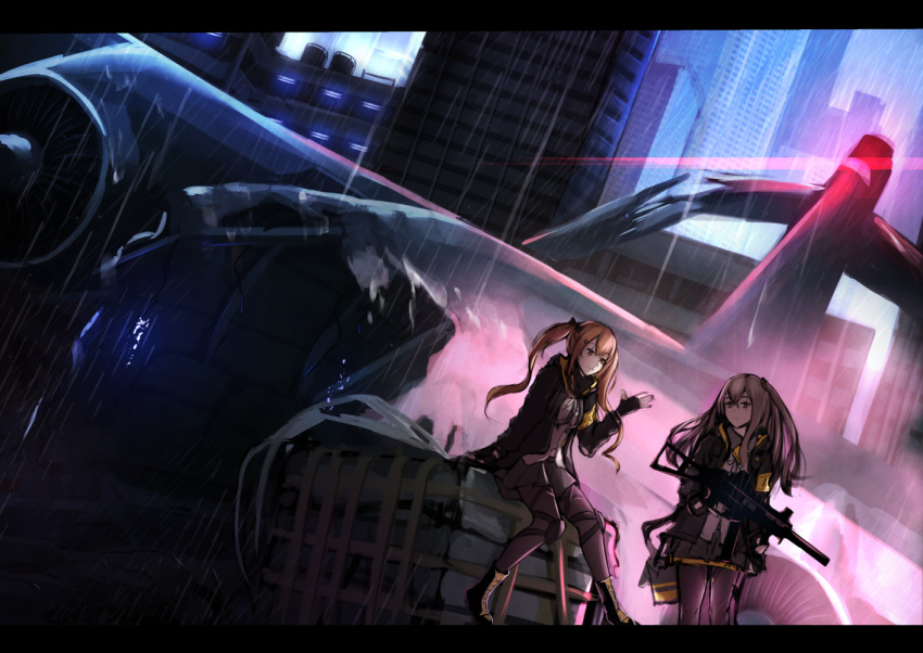 2girls black_footwear black_gloves black_jacket black_legwear black_skirt boots bow brown_eyes brown_hair city closed_mouth eyebrows_visible_through_hair feet_out_of_frame fingerless_gloves girls'_frontline gloves gun h&amp;k_ump hair_bow hair_ornament hairclip hand_up holding holding_weapon jacket light_brown_hair lodbyy long_hair looking_at_viewer looking_away multiple_girls open_clothes open_jacket pantyhose scar scar_across_eye scenery shirt side_ponytail sitting skirt smile standing submachine_gun twintails ump45_(girls'_frontline) ump9_(girls'_frontline) weapon white_shirt