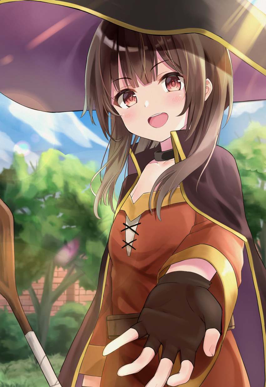 1girl absurdres bangs belt black_collar blush brown_belt brown_hair cape choker collar commentary day dress eyebrows_visible_through_hair fingerless_gloves fujizarashi gloves hat highres kono_subarashii_sekai_ni_shukufuku_wo! light_rays looking_at_viewer loose_belt megumin open_mouth outdoors outstretched_arm red_dress red_eyes short_hair short_hair_with_long_locks sky smile solo staff standing tree witch_hat