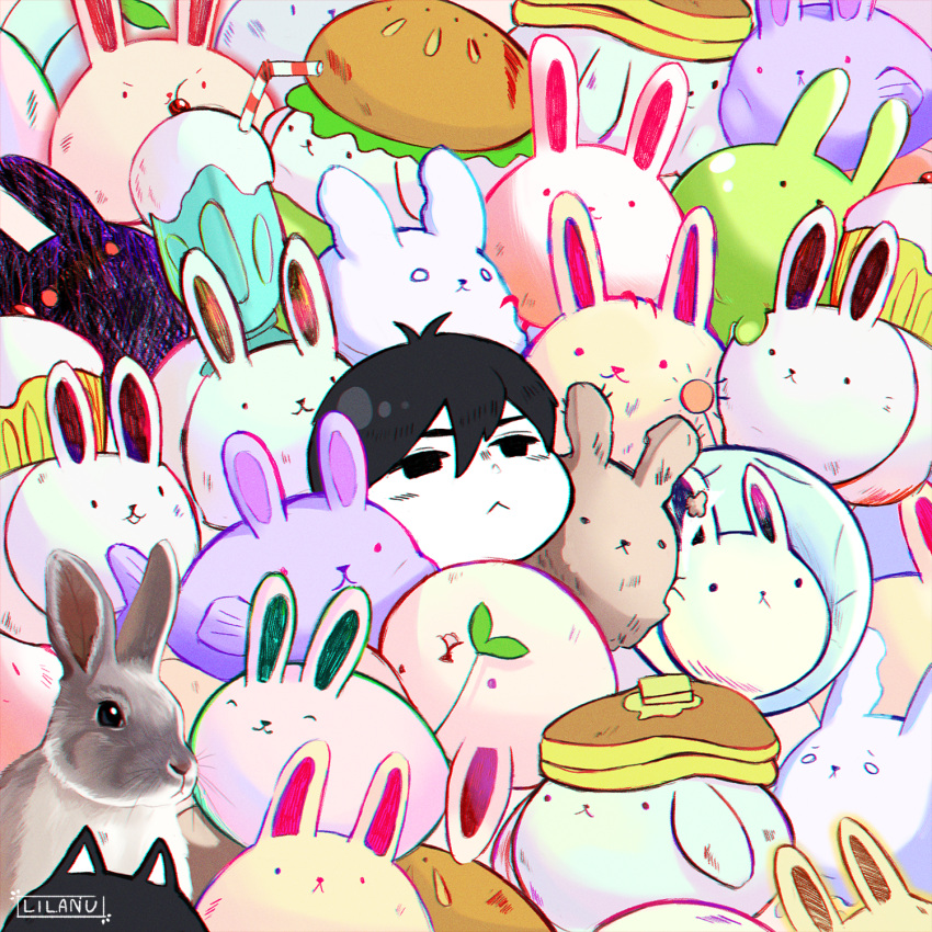 1boy :&lt; bangs black_eyes black_hair blush bunny burger candievill chibi crowded food frown hair_between_eyes highres leaf looking_up male_focus omori omori_(omori) pancake short_hair space_helmet too_many too_many_bunnies