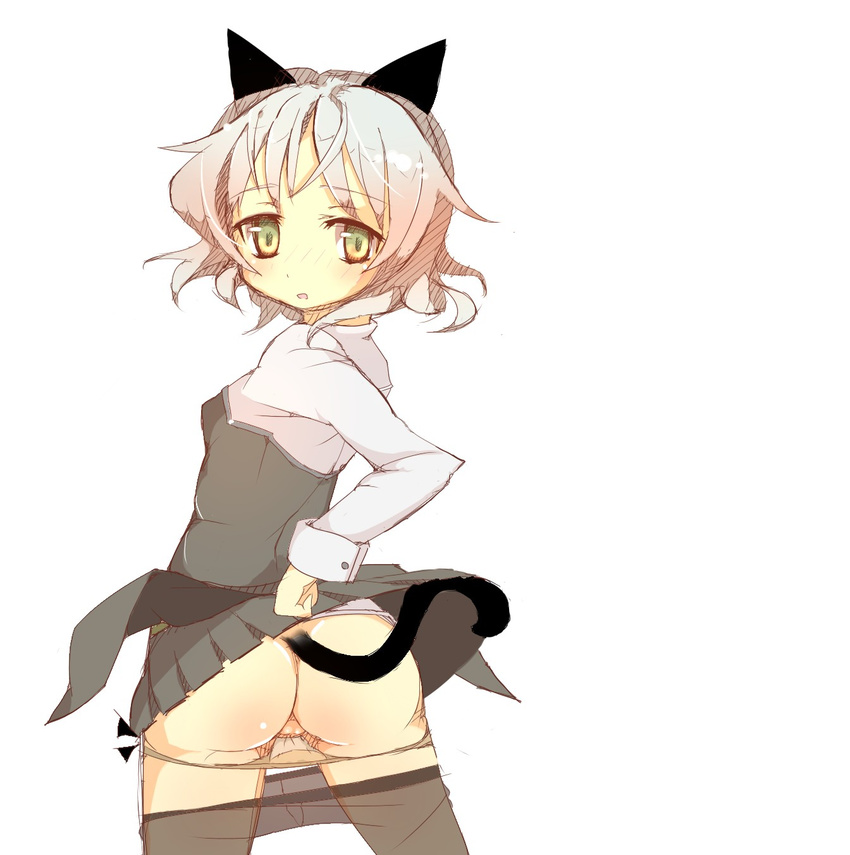 animal_ears ass black_legwear highres looking_back panties panty_pull pantyhose pantyhose_pull prnt sanya_v_litvyak short_hair skirt solo strike_witches tail underwear world_witches_series