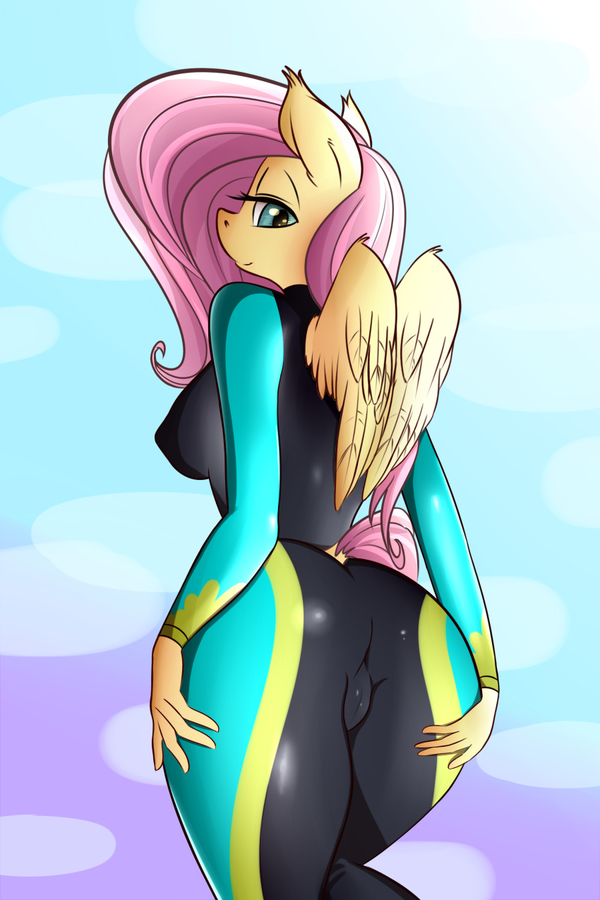 2018 absurd_res anthro bedroom_eyes butt camel_toe clothing equine eyelashes feathered_wings feathers female fluttershy_(mlp) friendship_is_magic gradient_background hair half-closed_eyes hand_on_hip hi_res huckser looking_at_viewer looking_back mammal my_little_pony nipple_bulge pegasus pink_hair portrait pose presenting presenting_hindquarters raised_tail rear_view seductive simple_background smile solo standing swimsuit thick_thighs three-quarter_portrait wings yellow_feathers