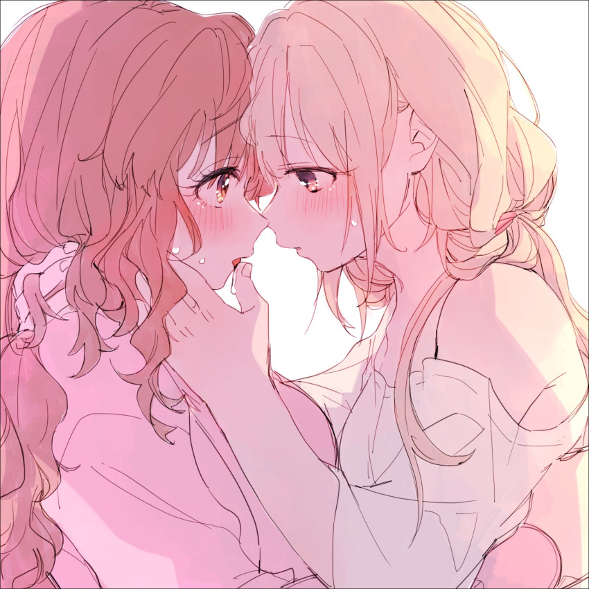 2girls amane_(7783) blush commentary eyebrows_visible_through_hair eyes_visible_through_hair finger_to_another's_mouth futaba_anzu hand_on_another's_neck highres idolmaster idolmaster_cinderella_girls long_hair moroboshi_kirari multiple_girls parted_lips saliva simple_background sweat sweatdrop tongue white_background yuri