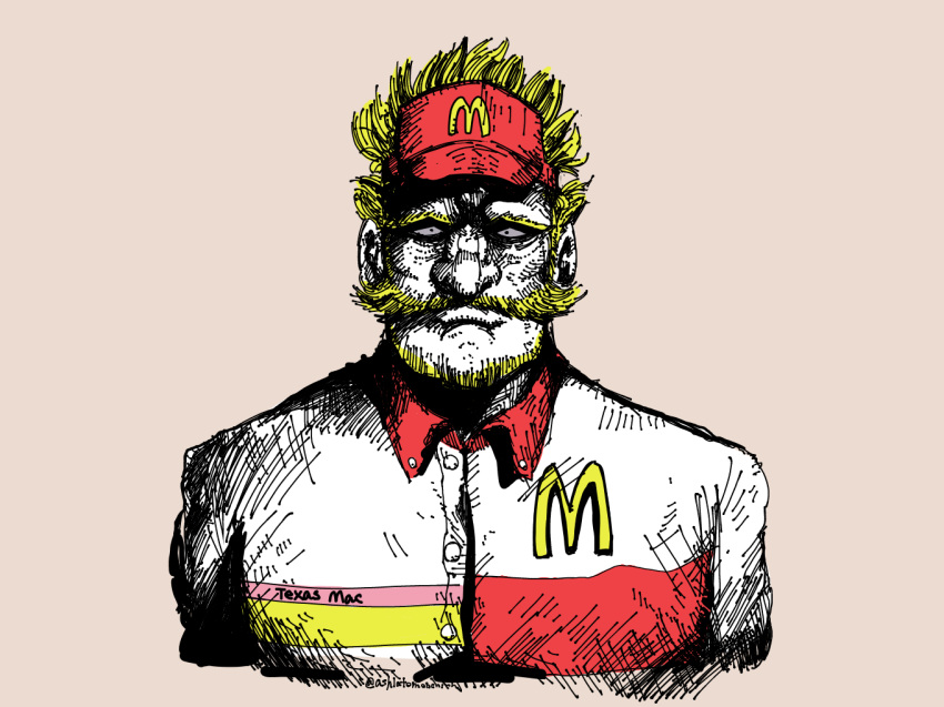 1boy beige_background black_eyes blonde_hair carter_mcdonald collared_shirt colored_sclera commentary_request employee_uniform facial_hair fast_food_uniform getter_robo getter_robo_arc grey_sclera ishikawa_ken_(style) male_focus mcdonald's mustache namesake parody portrait red_headwear shirt solo toosk uniform visor_cap