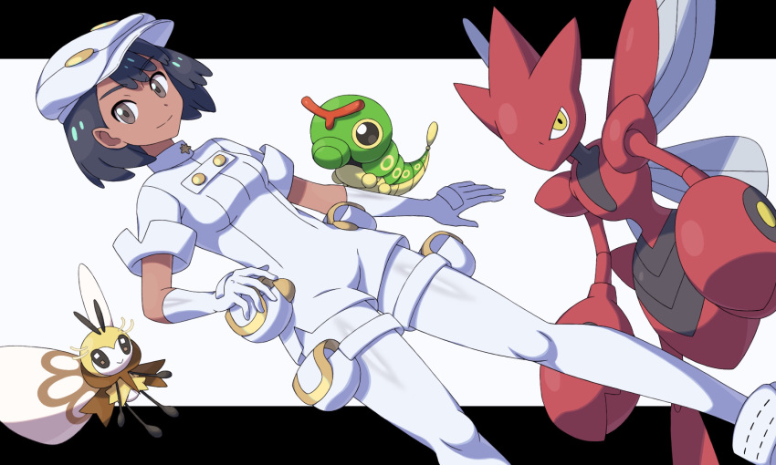 1girl aether_foundation_employee aether_foundation_uniform bad_id bad_pixiv_id bangs banned_artist black_hair breasts brown_eyes caterpie closed_mouth commentary_request dark-skinned_female dark_skin gloves hat highres jumpsuit looking_at_viewer nin_(female) pokemon pokemon_(creature) pokemon_(game) pokemon_on_arm pokemon_sm pouch ribombee scizor shoes short_hair sleeves_rolled_up smile white_footwear white_gloves white_headwear white_jumpsuit